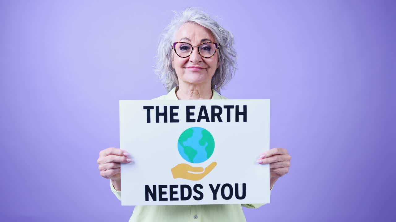 Senior Woman Holding 'The Earth Needs You' Environmental Sign