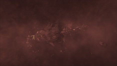 toma giratoria aérea cinematográfica de un sitio de accidente alienígena antiguo tormentoso, sobre el vasto casco de una nave espacial abandonada con restos, a través de una tormenta de silicato eléctrico - esquema de color rojo