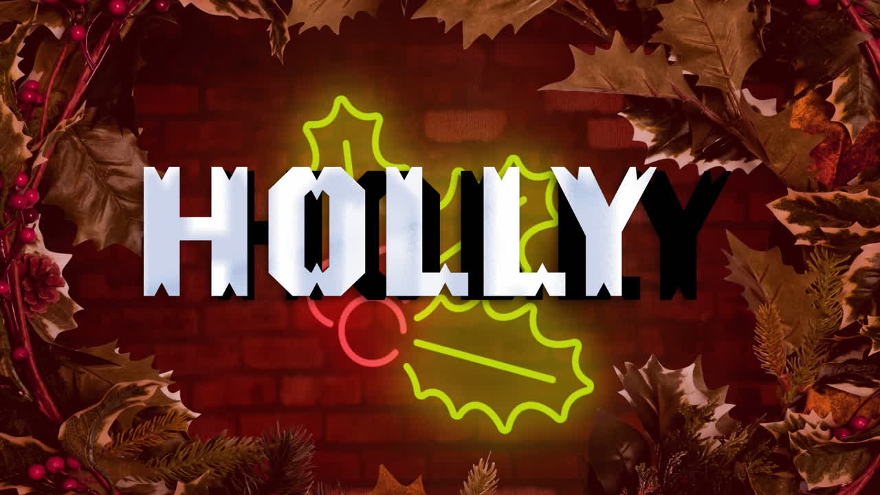 animación de una pancarta de texto de acebo sobre el icono de muérdago de neón contra la pared de ladrillo rojo y las hojas.