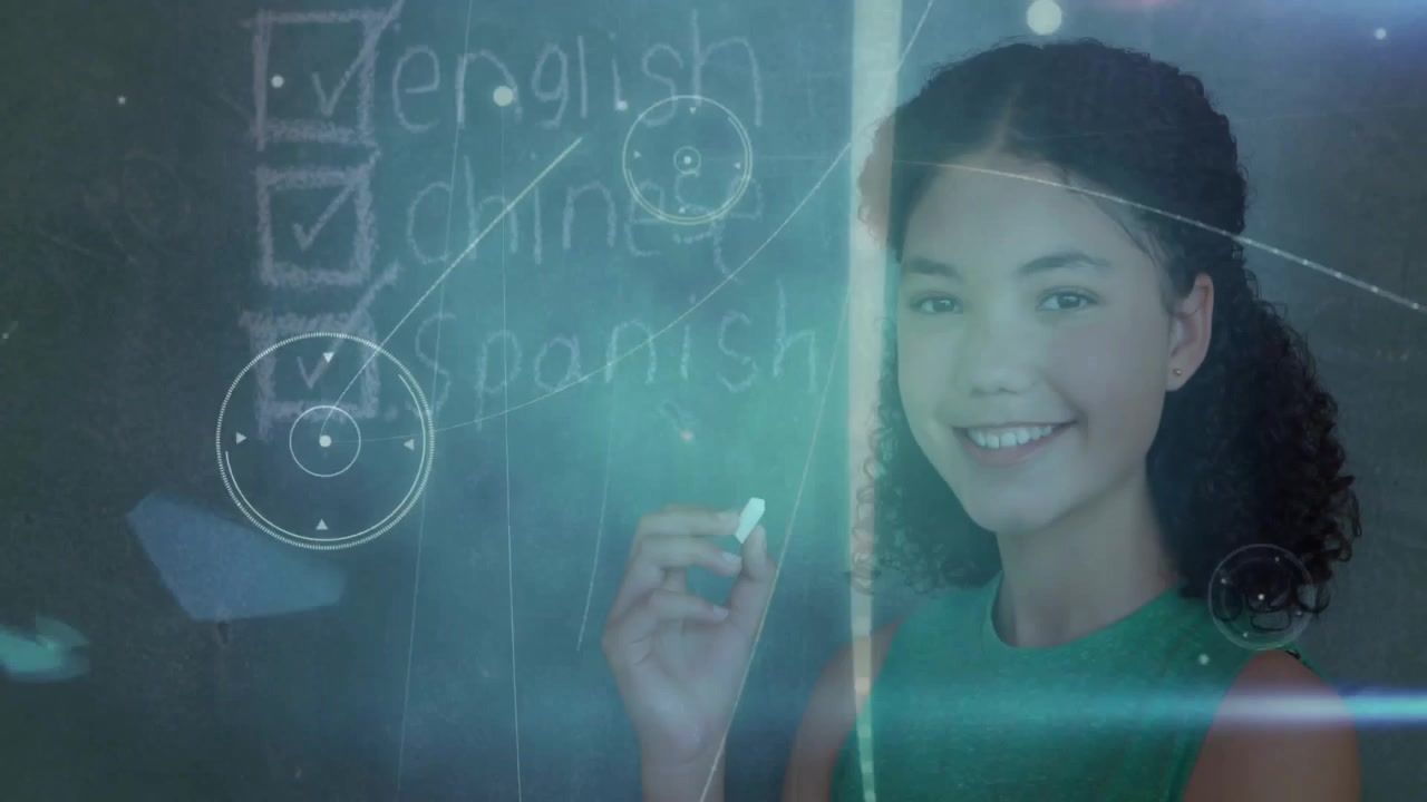 School overlay shifting student raising chalk marking Spanish Chinese English board with checks