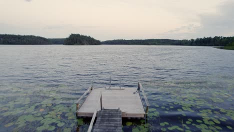 private overgrown wooden pier at dusk, sweden, pov drone reveal shot