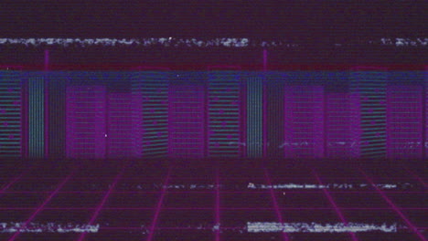 animatie van witte en blauwe lijnen van interferentie, over roze en blauwe donker raster en stadsbeeld