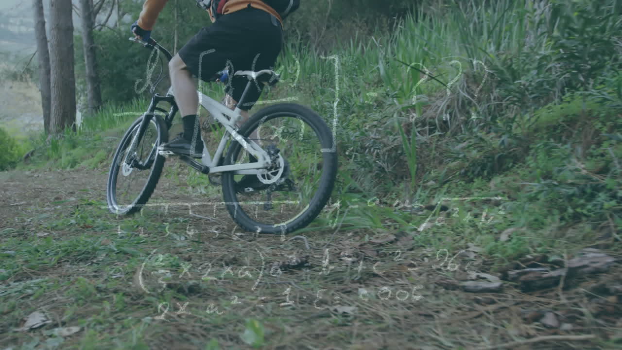 ecuaciones matemáticas contra el hombre en bicicleta en el bosque
