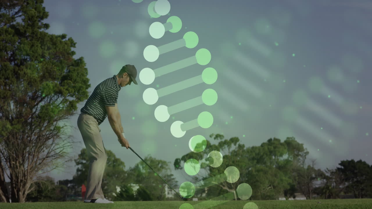 Golfer preparing to swing with DNA strand animation over green landscape