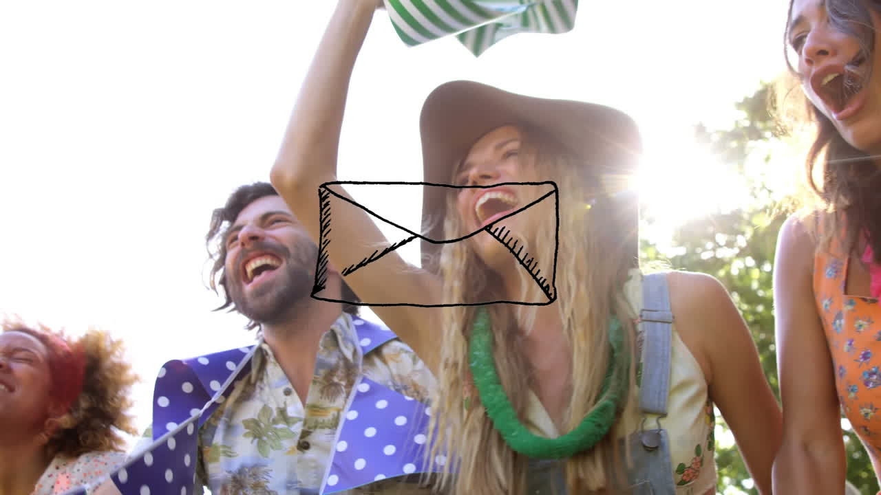 animación del sobre sobre diversos amigos con banderas