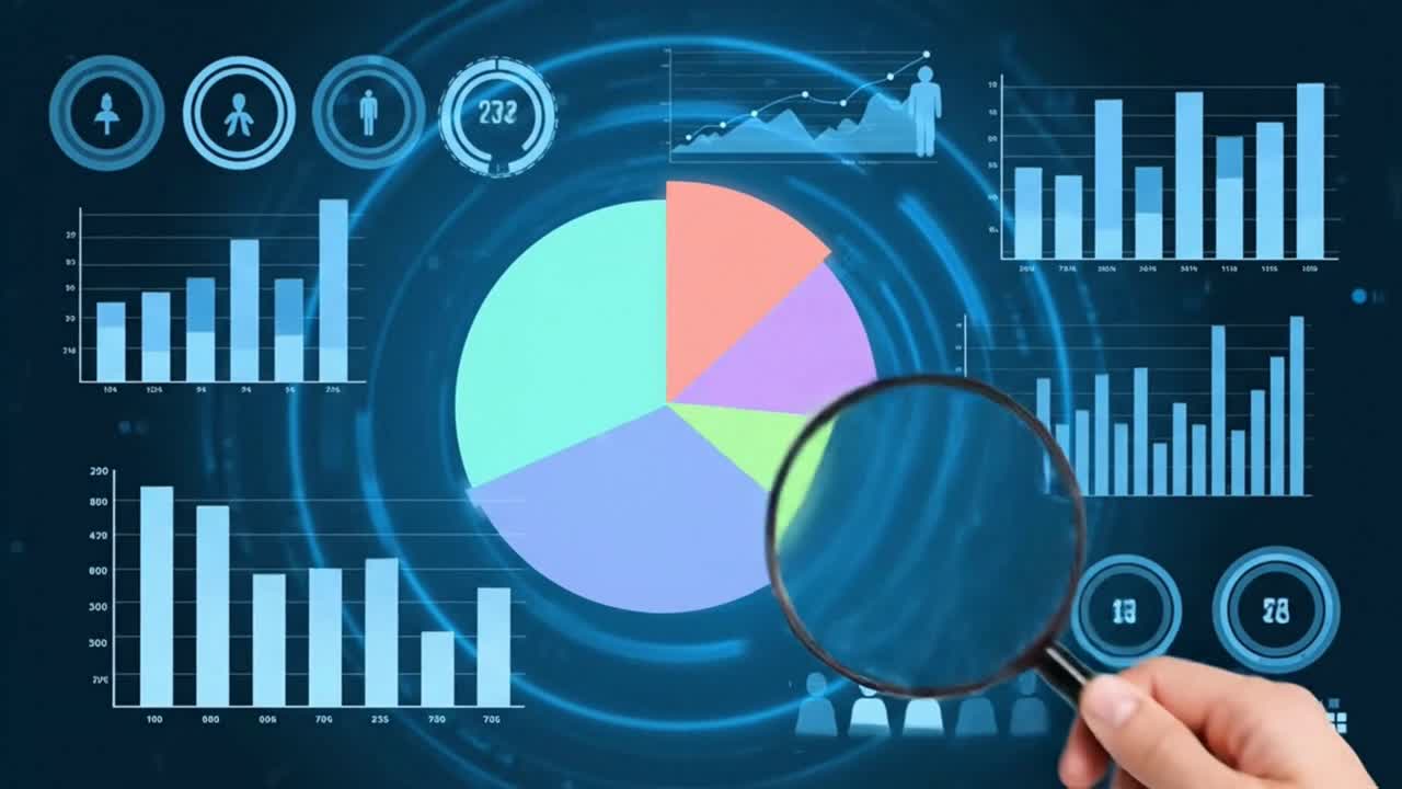 Financial Analyst Examining a Digital Data Dashboard with a Magnifying Glass