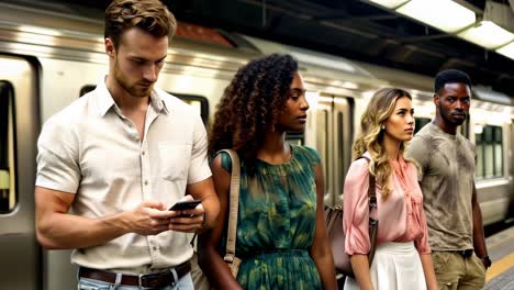a group of diverse people wait on the subway platform.