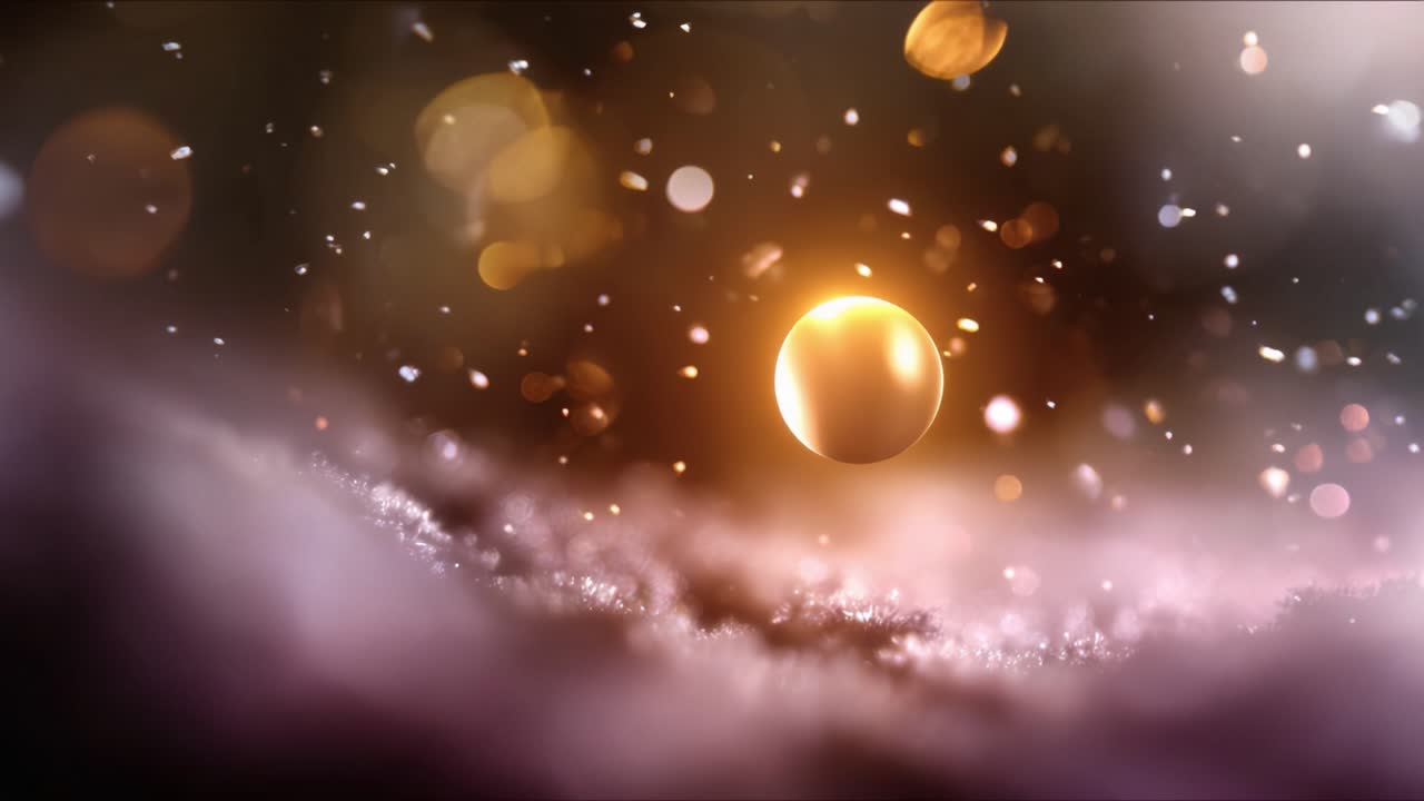 Una sfera dorata incantevole fluttua elegantemente in mezzo a una nuvola di particelle scintillanti, creando un'atmosfera eterea e accattivante di luce e tranquillità