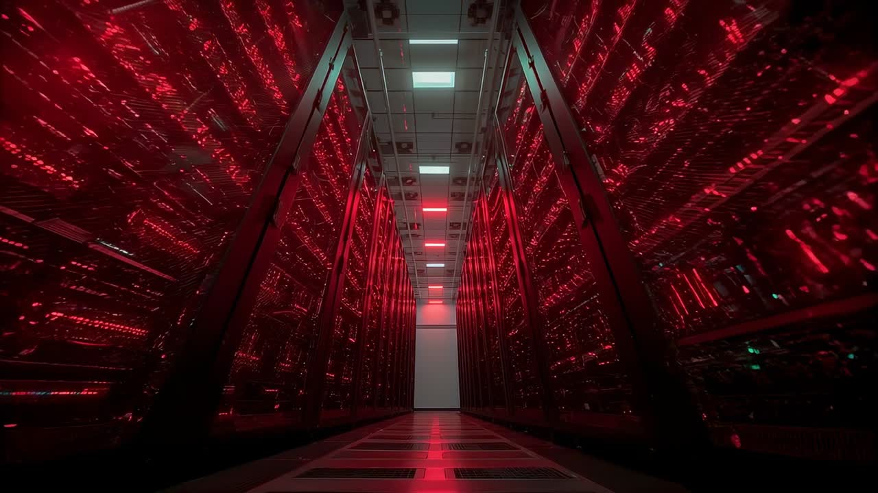 Starting low-angle camera moving through server rack aisle, highlighting red LED reflections