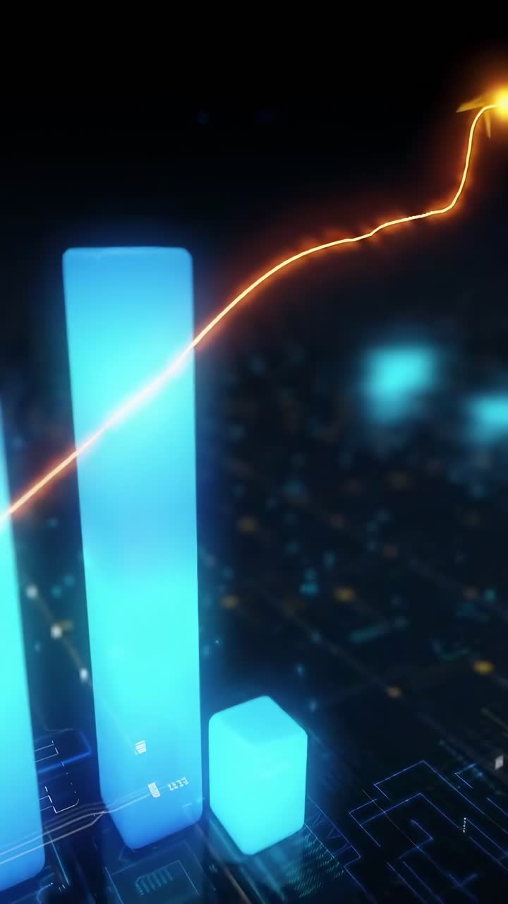 Futuristic video with glowing blue bars and orange lines, shot from a low angle