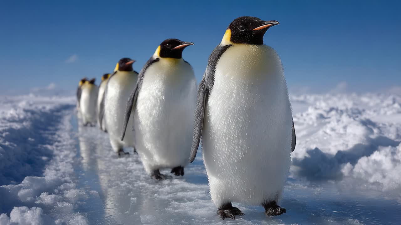 A Line of Majestic Emperor Penguins Marching Across a Snowy Landscape Under a Clear Blue Sky, Capturing the Beauty of Arctic Wildlife in Their Natural Habitat