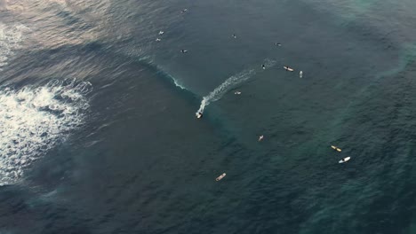 high up aerial view of surfers in the ocean in sri lanka