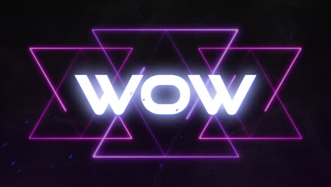 animación de texto wow en blanco brillante sobre líneas de neón púrpura en movimiento sobre fondo negro.