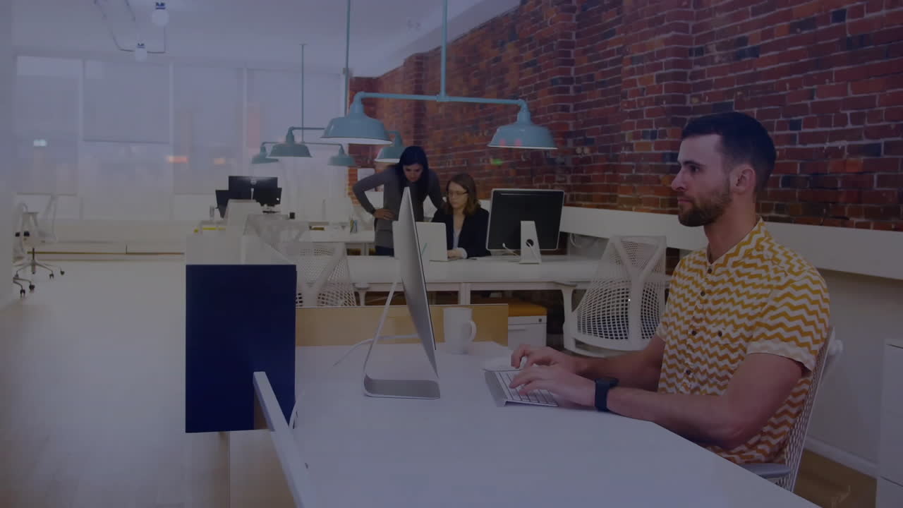 Animation of red line financial data processing over caucasian businessman in office