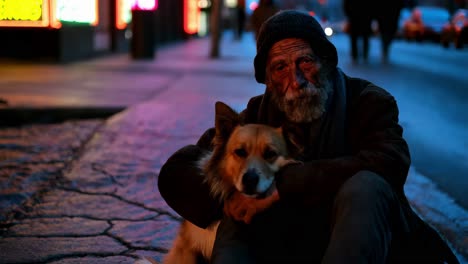 homeless man and dog at night