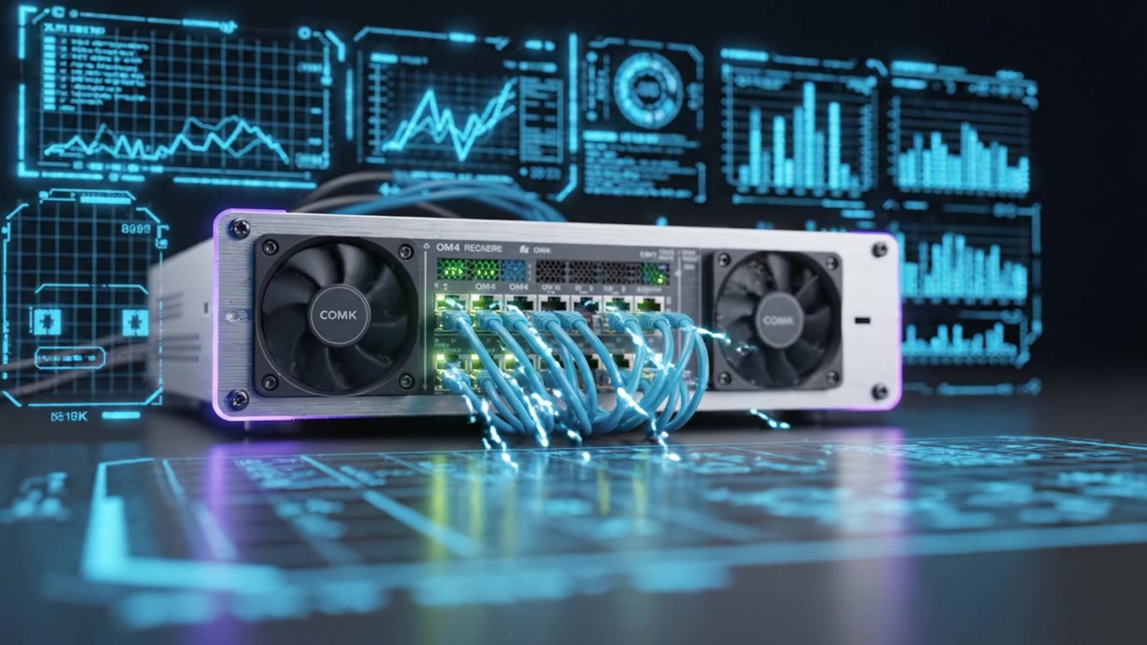 High-Performance Network Switch with Data Analytics Interface - Featuring Cooling Fans and Fiber Optic Connections for Enhanced Network Management and Monitoring