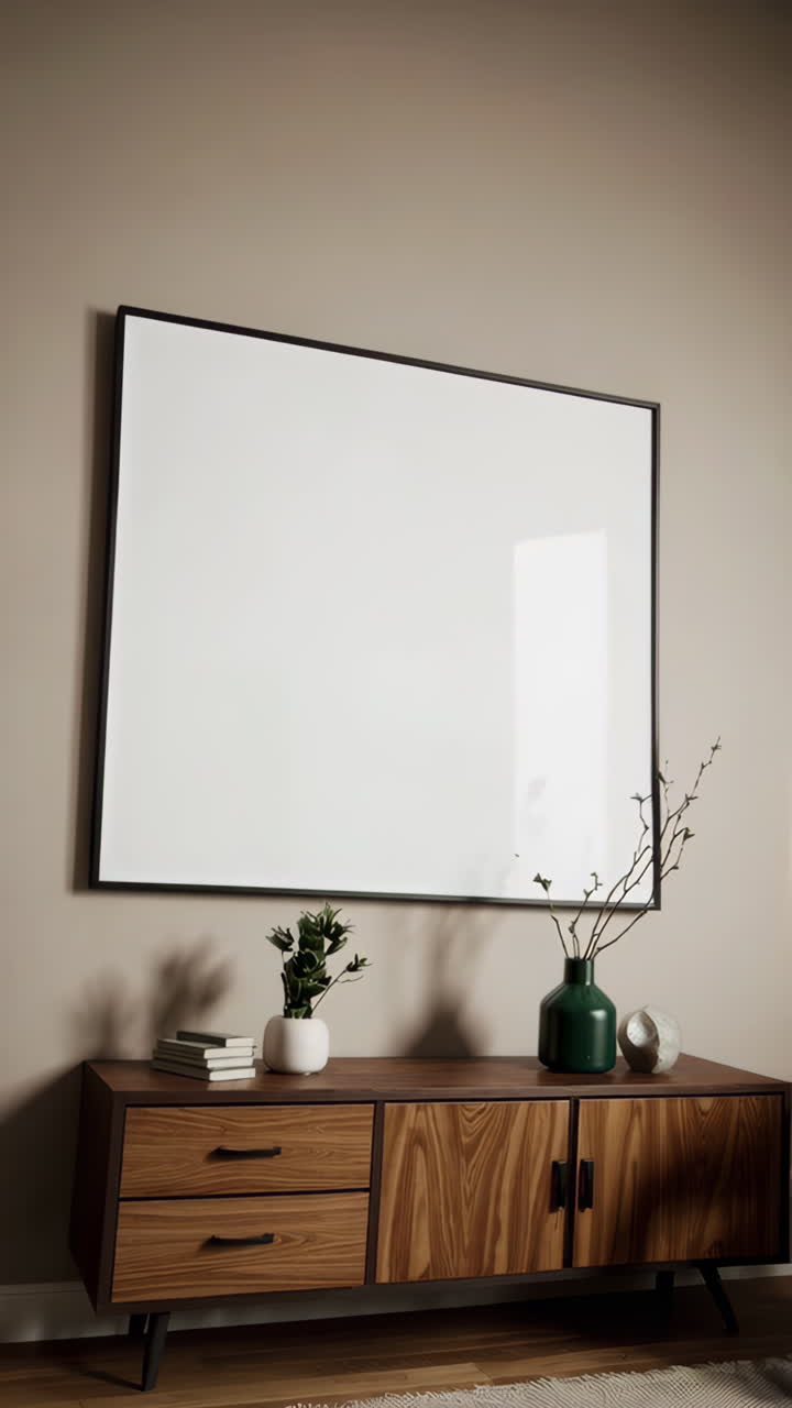 Modern Wooden Media Console with Decor in a Contemporary Living Space