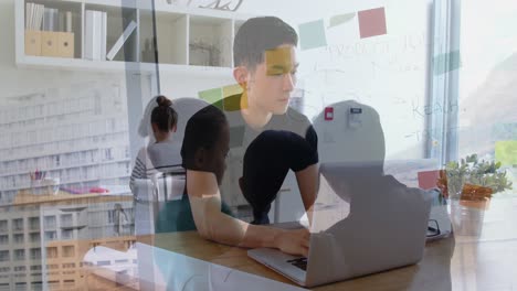 Animation-of-asian-man-using-laptop-over-schoolchildren