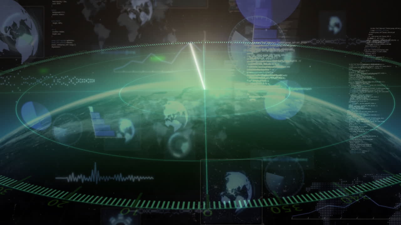 Displaying animation, futuristic radar screen with digital world map in school