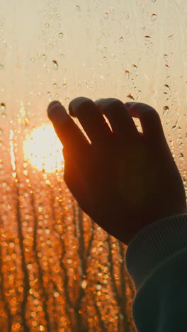 pessoa triste alcança a mão para o sol vermelho atrás da janela molhada close-up. silhueta de palma em vidro com fundo de padrão de gotas de chuva. emoções negativas