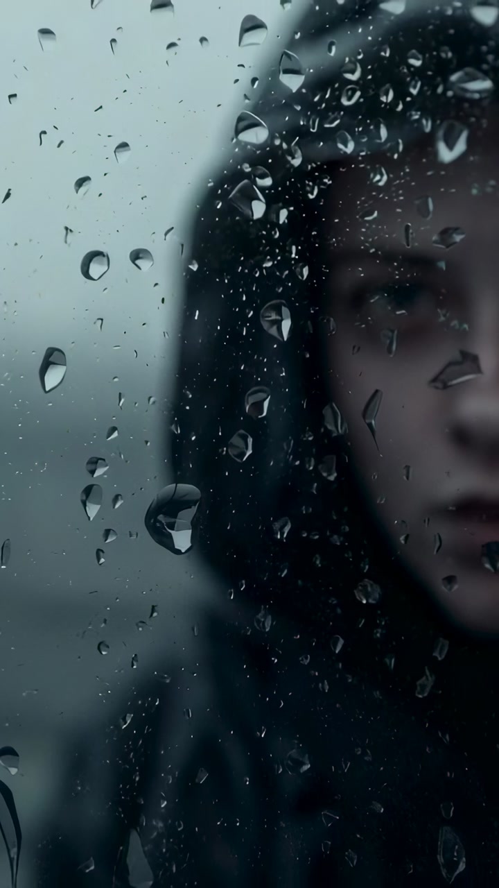 Vertical video: Focusing camera, hooded person leaning forward behind rainy glass, revealing eyes