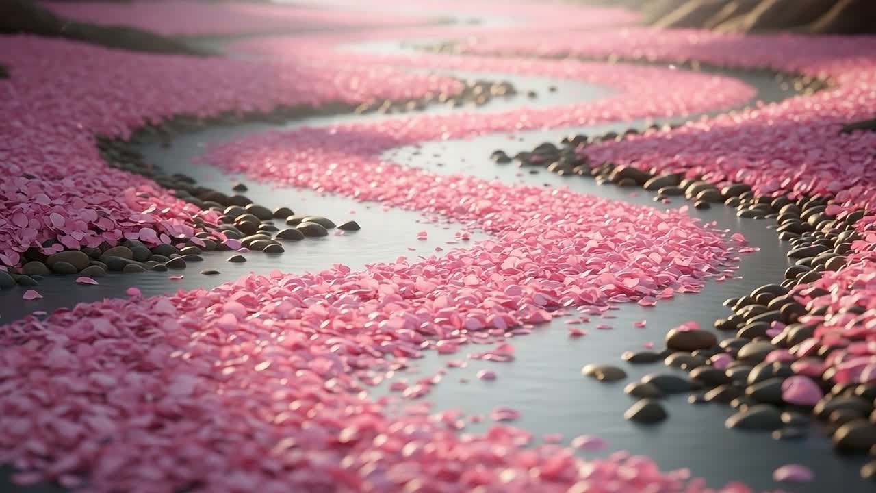 A Serene River of Pink Petals: Tranquil Waters Flowing Through a Dreamlike Landscape Enhanced by Vibrant Nature's Beauty and Dark Stones Emphasizing Harmony