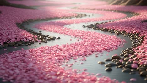 a serene river of pink petals: tranquil waters flowing through a dreamlike landscape enhanced by vibrant nature's beauty and dark stones emphasizing harmony