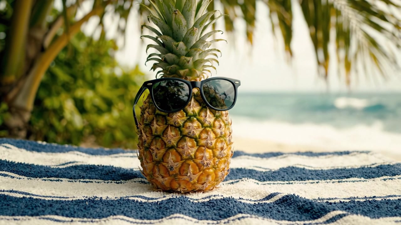 A Fun Pineapple in Sunglasses Relaxing on a Beach Towel Under Palm Trees Near the Ocean, Perfect for a Tropical Summer Vibe and Refreshing Beach Memories