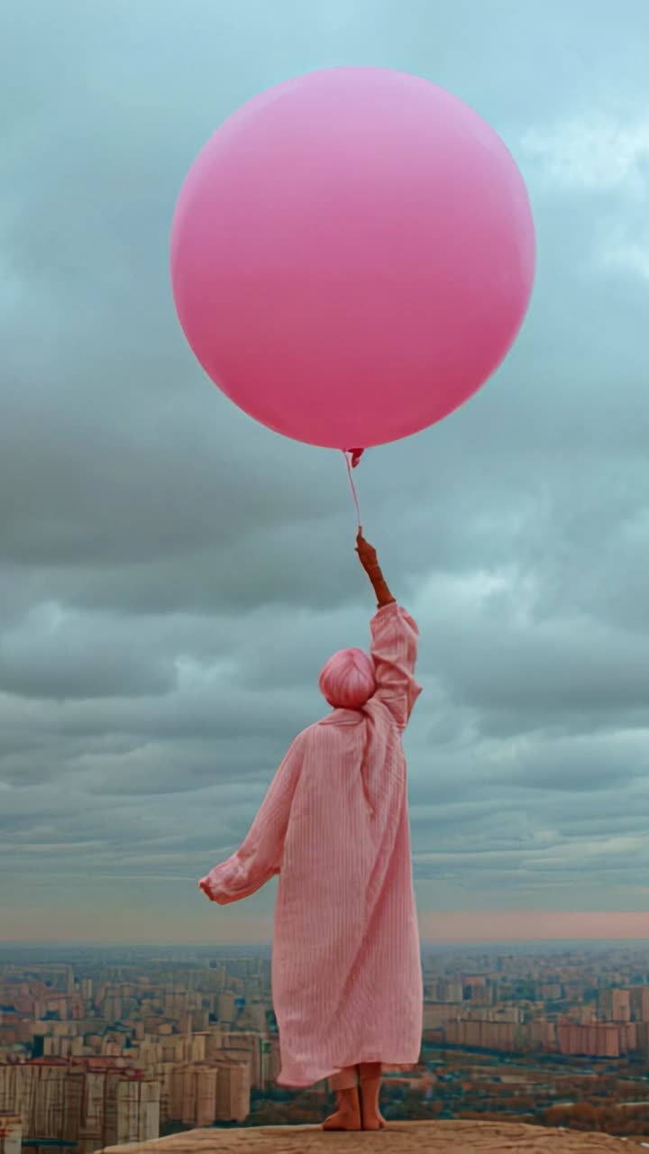 A figure in a pink robe joyfully holding a giant pink balloon against a cloudy sky, overlooking a sprawling cityscape in a serene and whimsical moment