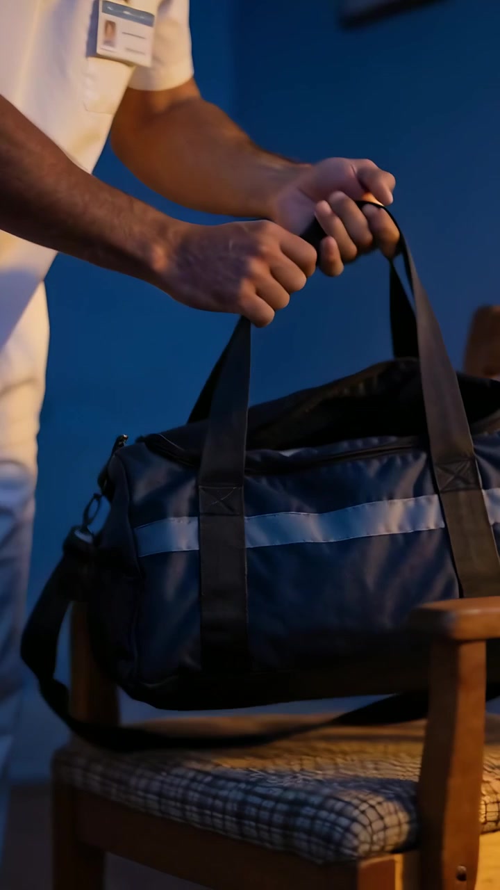 Video verticale: Un'infermiera in camice, vedendo la borsa, la afferra da una sedia nella sala del personale per trasportarla; badge, cerniera.