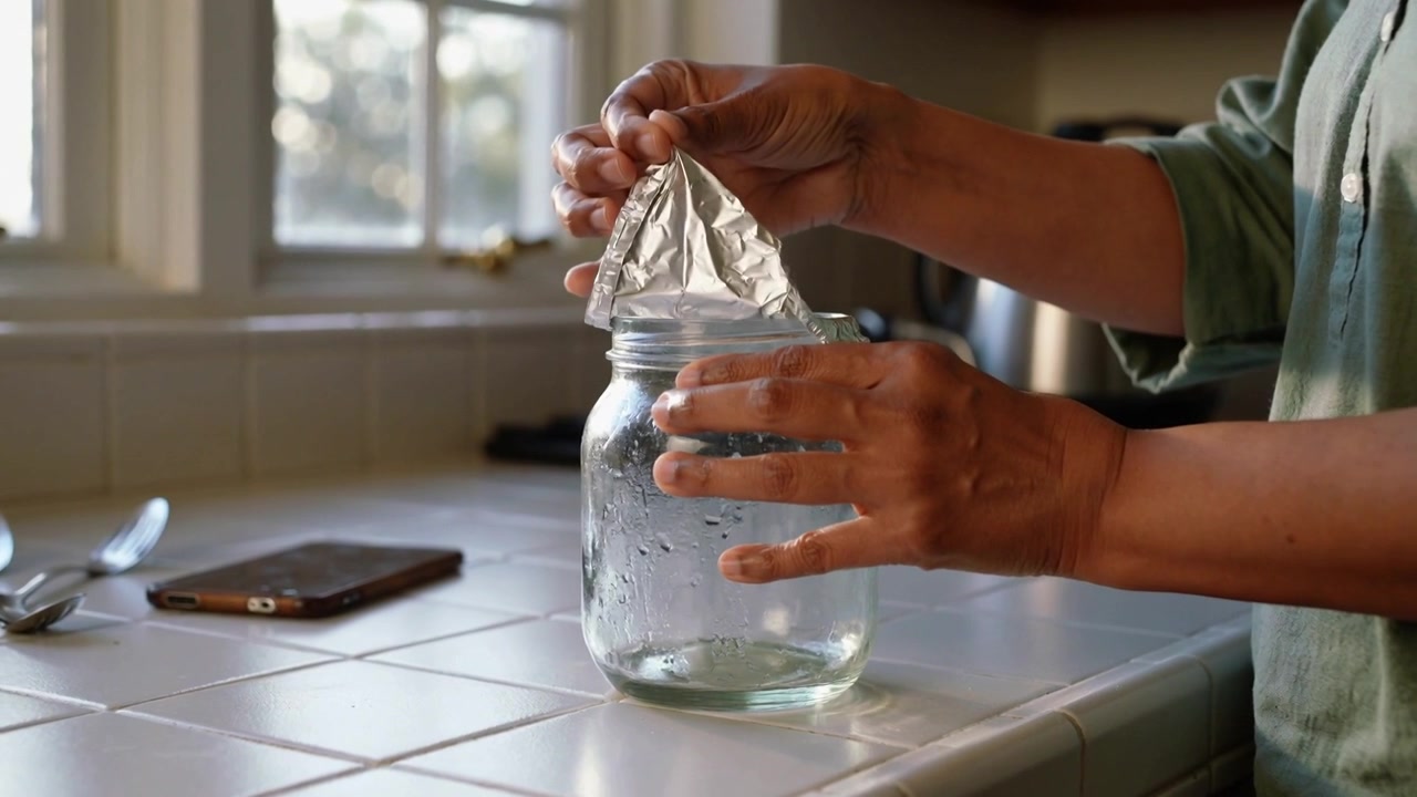 Pinching foil, woman in green shirt lifting from glass jar at kitchen counter to uncover contents