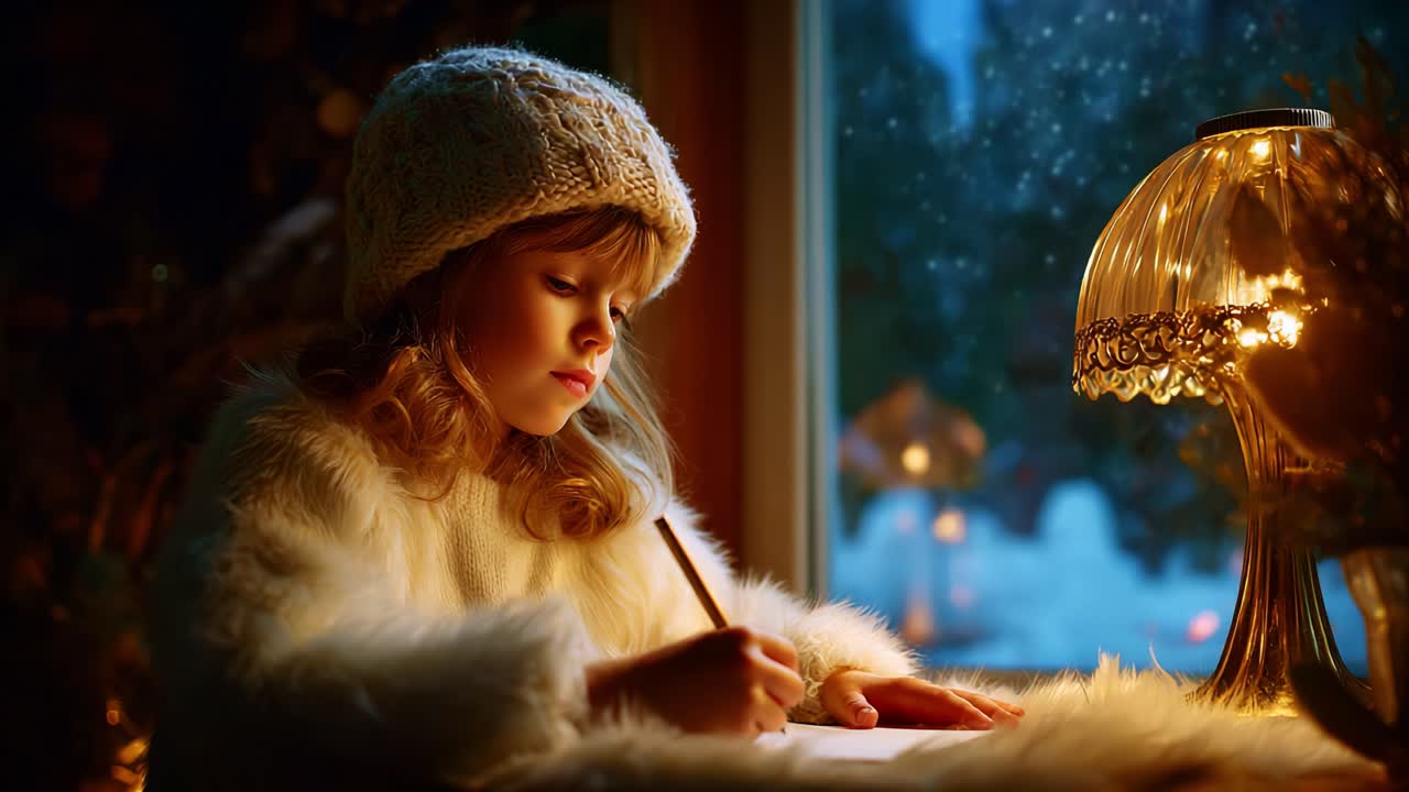A Young Girl Delightfully Engrossed in Writing at a Cozy Table by a Warm Lamp with a Glowing Ambiance on a Winter Evening, Capturing the Magic of Childhood Imagination and Reflection