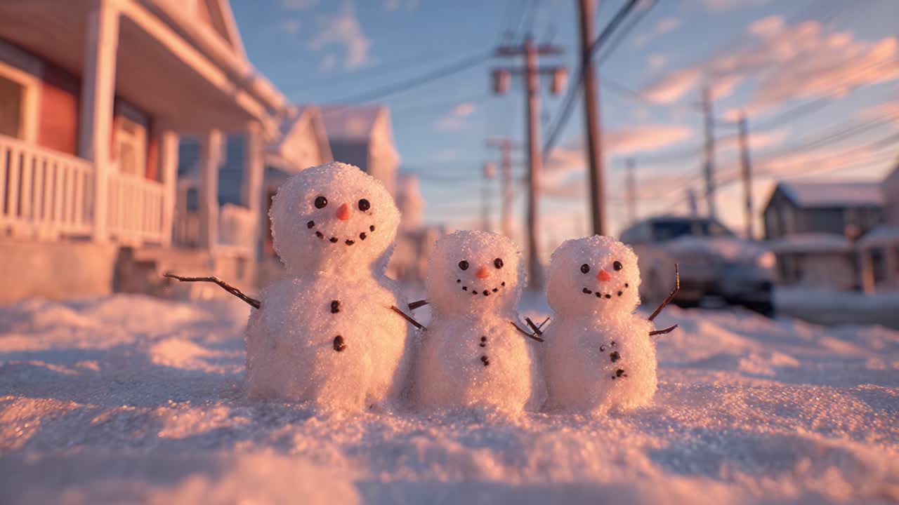 Charming Scene of Snowmen Standing Cheerfully Together in a Winter Neighborhood, Captured in a Warm Sunset Glow Amidst a Snowy Landscape