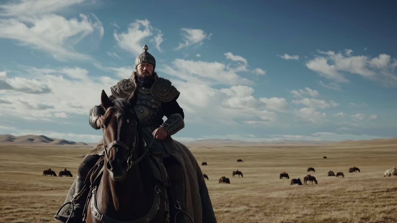 Epic wide-angle video shot of a warrior on horseback in vast plains, under a dramatic sky