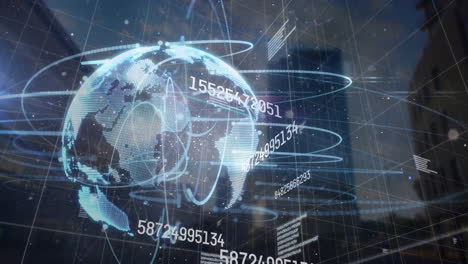 animación del procesamiento de datos y globo sobre el paisaje urbano