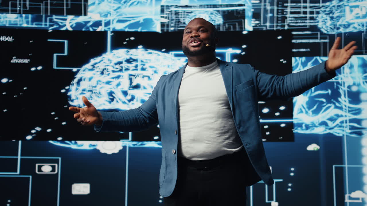 Black IT technician hosts live presentation for artificial intelligence systems