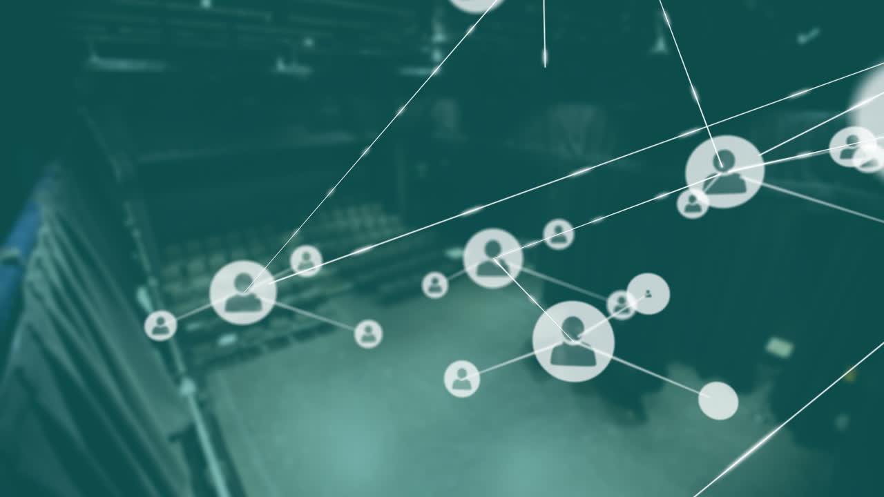 Connected user icons forming network over office environment with animation elements