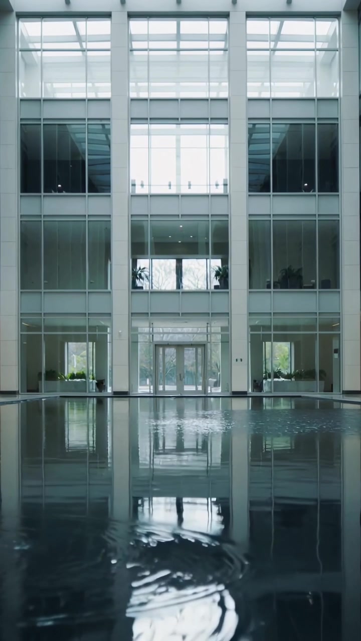 Vídeo vertical: Piscina ondulante levando um redemoinho do lado esquerdo em direção ao átrio central de vidro, alterando espelhos.