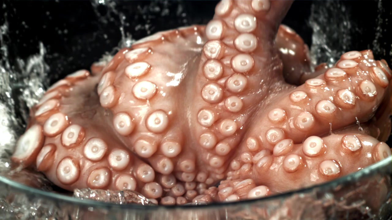 Tentacoli di polpo fresco e crudo che vengono lavati in acqua al rallentatore