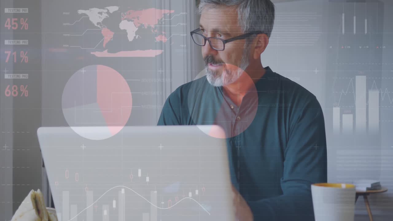 Animation of statistical data processing against caucasian senior man using laptop at home