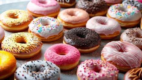 a pile of assorted donuts with different toppings on a table