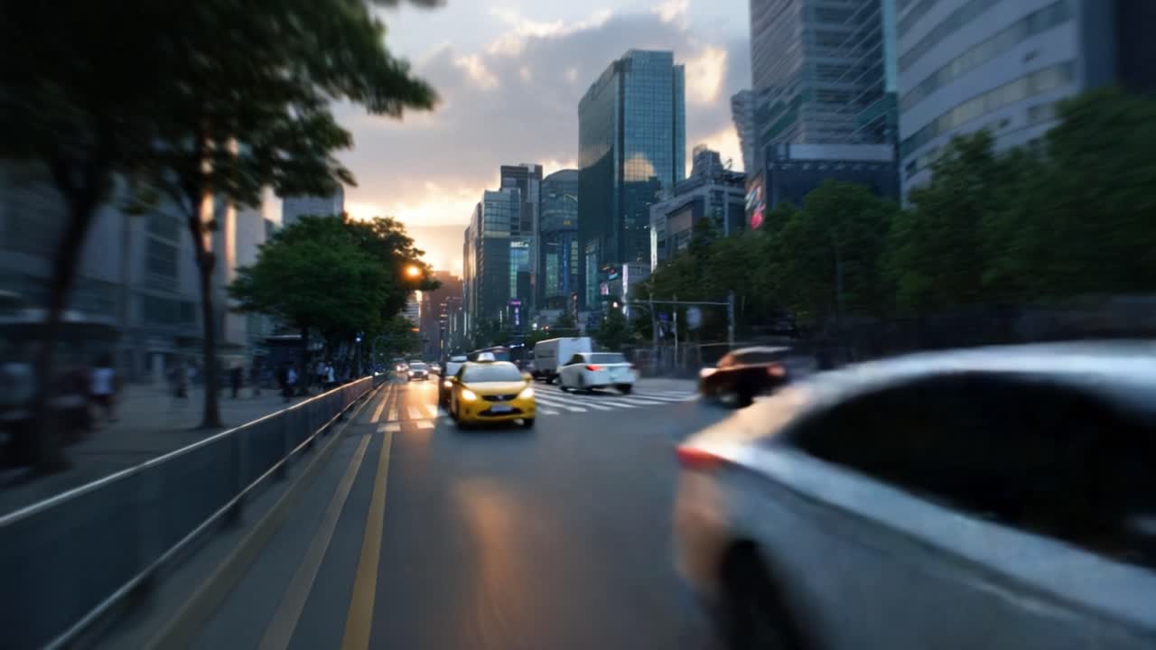 Cena Dinâmica de Tráfego Urbano ao Pôr do Sol com Veículos em Movimento e Edifícios Altos, Capturando a Essência da Vida Urbana e do Deslocamento Noturno em uma Paisagem Urbana Agitada.