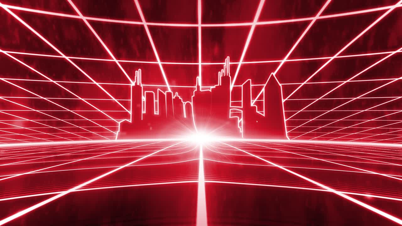 80년대 레트로 vhs 테이프 비디오 게임 인트로, 풍경, 터, 아케이드, 와이어프레임 시티, 4k