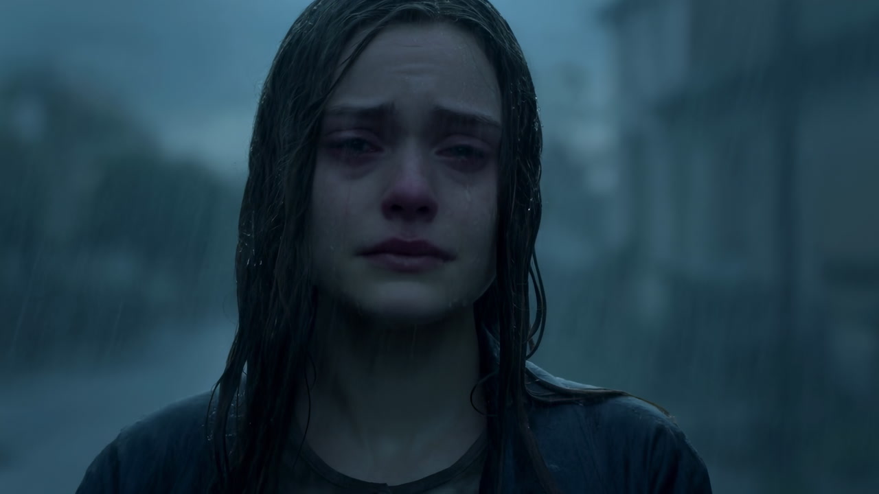 Caucasian Woman Standing In Rain, Tearstreaked Face And Soaked Hair, Red Eyes, Empty Urban Street Blurred
