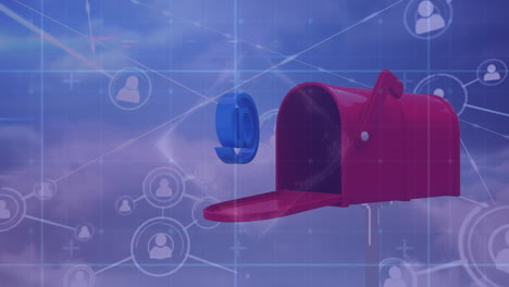 animation of network of connections and letterbox over sky with clouds