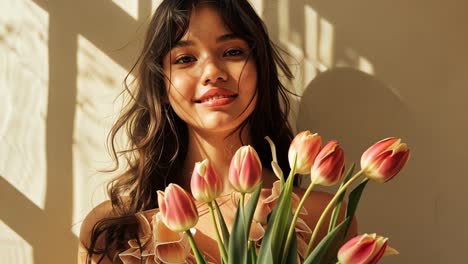 beautiful woman with a bouquet of tulips