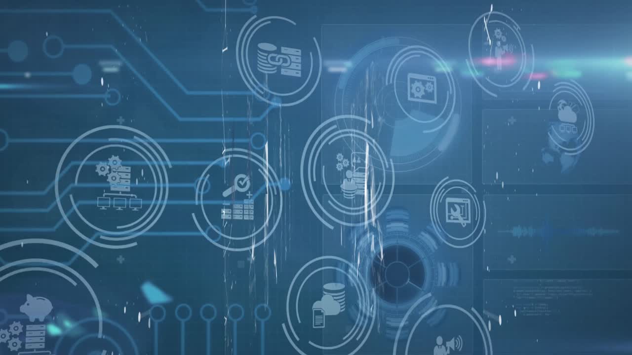 검은 바탕에 있는 컴퓨터 회로판 위의 아이콘으로 스 ⁇  스캐닝의 애니메이션