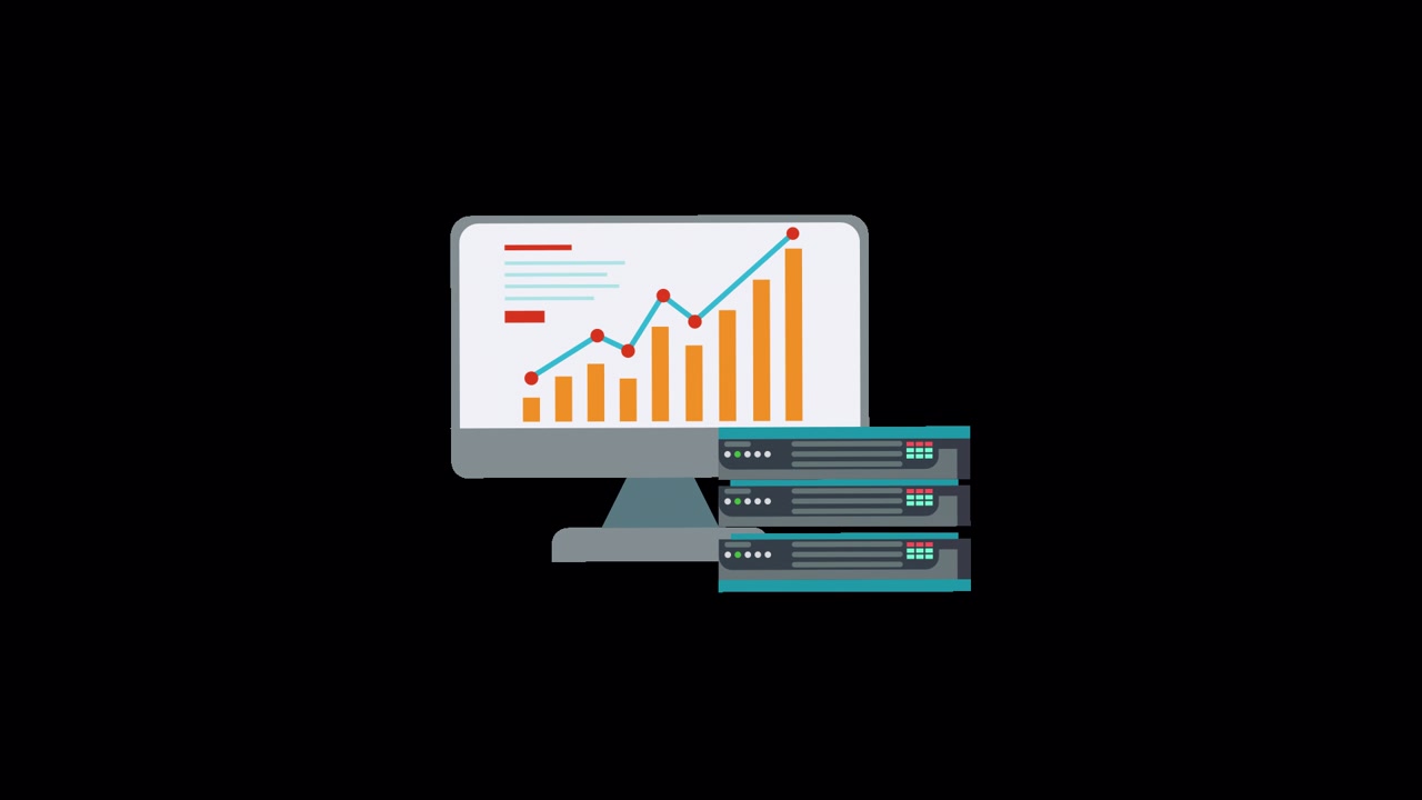 Animated Computer Monitor Displaying Data Analysis and Servers