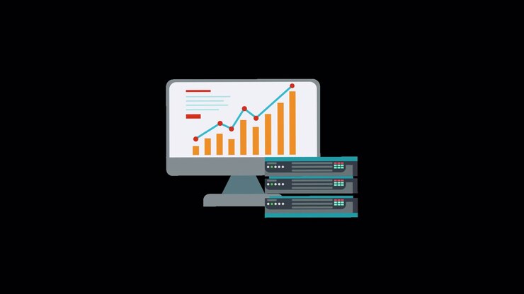 Animated Computer Monitor Displaying Data Analysis and Servers