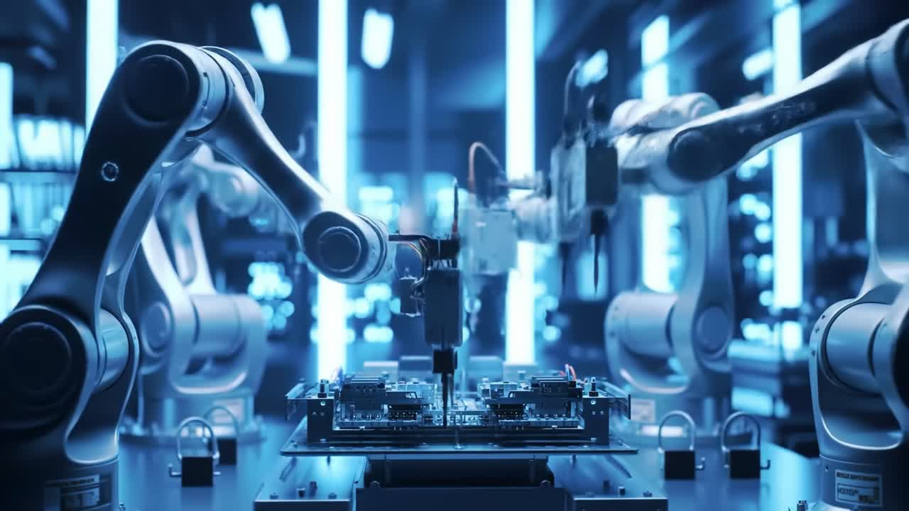In a cutting-edge facility, robotic arms work in harmony to assemble circuit boards. Bright blue lighting highlights the precision of machinery working on intricate electronic components.